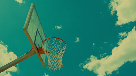 A basketball hoop with a net stands against a backdrop of a vibrant blue sky filled with fluffy white clouds, capturing the essence of outdoor sports and leisure.の素材