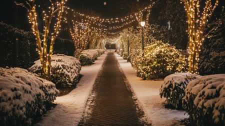 A serene snowy pathway illuminated by warm lights creates a magical winter scene. Snow-covered bushes and trees enhance the cozy atmosphere, perfect for holiday celebrations.の素材