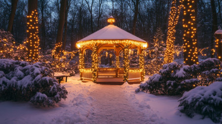 A charming gazebo adorned with twinkling lights stands in a snowy landscape, creating a serene winter scene perfect for festive celebrations and peaceful moments.の素材