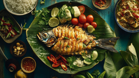 A beautifully arranged grilled fish dish on a banana leaf with fresh vegetables, herbs, and lime, showcasing vibrant colors and textures, perfect for food photography.の素材