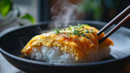 A mouthwatering sushi dish featuring a fluffy omelet atop seasoned rice, releasing steam. Ideal for food photography showcasing Japanese cuisine.の素材