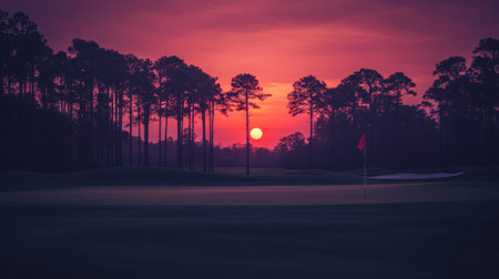 A breathtaking sunset casts a warm glow over a golf course, with silhouetted trees framing the tranquil scene. Ideal for nature and recreation themes.の素材