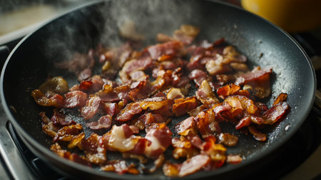 A close-up view of bacon cooking in a cast iron pan, releasing steam and sizzling sounds. The crispy edges and savory aroma evoke a delicious breakfast experience.の素材