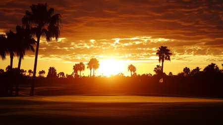 A stunning sunset over a golf course, featuring silhouetted palm trees against a colorful sky. The scene captures tranquility and beauty in nature, perfect for leisure and recreation.の素材