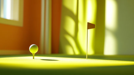 A vibrant indoor golf scene featuring a golf ball poised on a putting green, accompanied by a flag. Perfect for sports enthusiasts, leisure activities, or decor.の素材