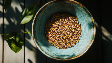 This image captures a close-up view of mustard seeds in a turquoise bowl set against a wooden table. The vibrant color and natural lighting enhance its aesthetic appeal.の素材
