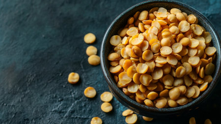 A close-up view of yellow split peas in a black bowl on a dark surface. This fresh and vibrant image highlights the texture and color of this nutritious ingredient perfect for cooking healthy meals.の素材