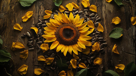 A stunning sunflower radiates beauty, surrounded by its seeds and vibrant petals on rustic wooden texture. This visually striking arrangement captures the essence of nature's bounty.の素材