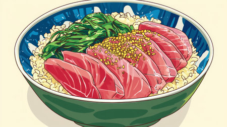 A vibrant sushi bowl featuring tender slices of fresh fish on a bed of rice, garnished with crisp greens and sesame seeds, perfect for food lovers.の素材