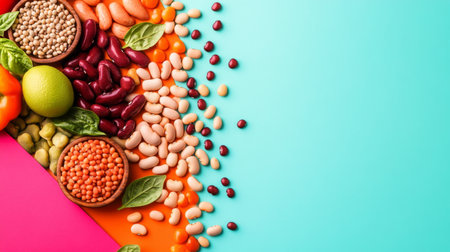 Brightly colored assortment of various beans and lentils placed on a vibrant background. A perfect representation of healthy food options and nutrition.の素材