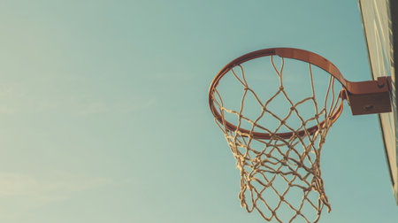 A vibrant basketball hoop stands against a clear blue sky, capturing the essence of outdoor sports and leisure activities, inviting energetic play and competition.の素材