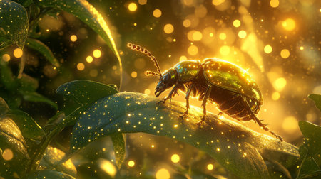 A stunning macro view of a glowing beetle perched on a leaf, surrounded by magical bokeh lights and sparkling golden effects, evoking a serene atmosphere.の素材