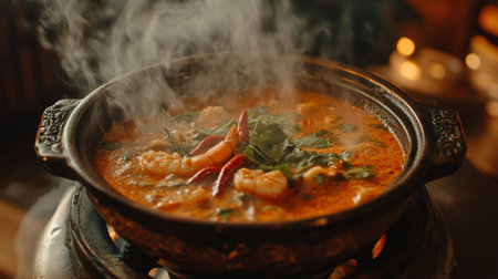 A close-up view of a vibrant seafood stew, steaming in a traditional pot. Fresh ingredients and spices create an aromatic dish that invites hunger.の素材