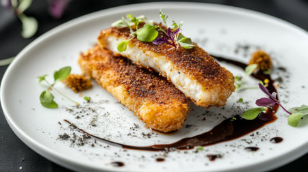 Indulge in this crispy fried fish fillet dish, beautifully presented with microgreens and a flavorful sauce, ideal for culinary enthusiasts.の素材