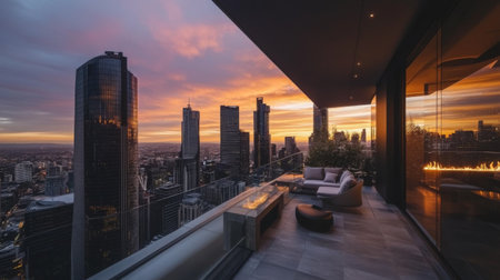 Experience the breathtaking view from a modern balcony overlooking a vibrant city skyline at sunset, complete with a cozy fire pit and luxurious ambiance.の素材