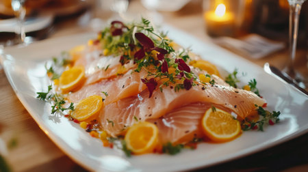 A beautifully arranged platter of fresh salmon fillets garnished with vibrant herbs and citrus slices, perfect for a gourmet dining experience or special occasion.の素材