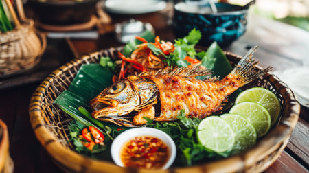 A beautifully presented grilled fish with fresh herbs and lime served in a rustic basket. Ideal for showcasing vibrant cuisine and delicious flavors.の素材