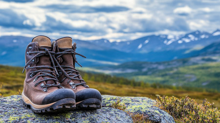 A pair of rugged hiking boots rests atop a rock with a breathtaking mountain view in the background, symbolizing adventure and outdoor exploration in nature.の素材