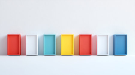 A vibrant arrangement of colorful rectangular boxes positioned against a clean white background, showcasing a modern minimalist design ideal for creative decor themes.の素材