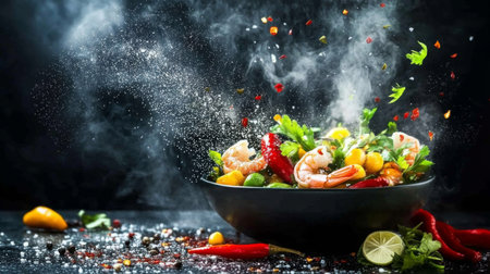 A captivating view of fresh shrimp and vegetables creating a dynamic splash during cooking. Experience the vibrant colors and textures celebrating culinary art.の素材