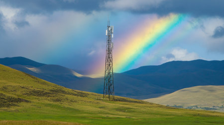 A stunning rainbow arcs over a communication tower, set against a beautiful landscape of rolling hills and vibrant skies, showcasing nature and technology harmoniously.の素材