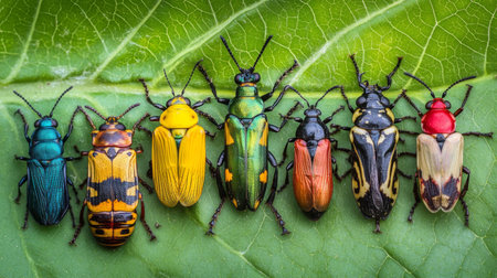 Discover the vibrant diversity of colorful beetles arranged on a green leaf. This macro photograph highlights the beauty and variety found in insect species.の素材