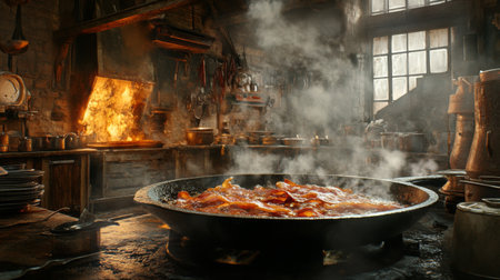 A rustic kitchen scene showcasing a large frying pan with simmering food, surrounded by pots and utensils. The warm atmosphere evokes a sense of culinary tradition.の素材