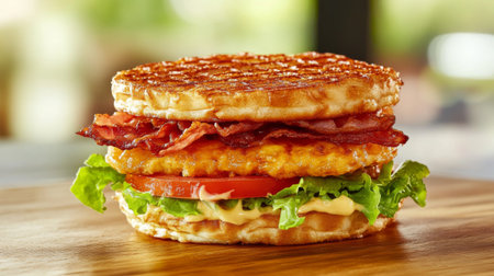 A delicious breakfast sandwich featuring layers of crispy bacon, fresh lettuce, juicy tomato, and a fluffy egg, all sandwiched between two golden waffles.の素材
