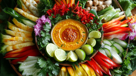This vibrant platter features an array of fresh vegetables, garnished beautifully with herbs and accompanied by a rich dipping sauce, perfect for healthy snacking.の素材
