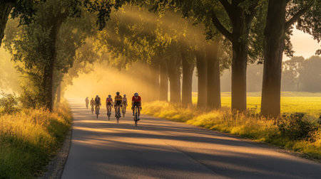 A group of cyclists enjoy a peaceful ride along a scenic country road, illuminated by soft sunlight filtering through tall trees. Ideal for promoting outdoor activities.の素材