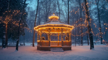 A stunning gazebo adorned with glowing string lights stands amidst a serene snowy forest, creating a magical winter scene perfect for holiday moods.の素材