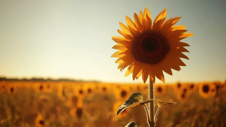 A single bright sunflower stands tall against a backdrop of a golden field, showcasing the beauty of nature under a clear blue sky during summer.の素材