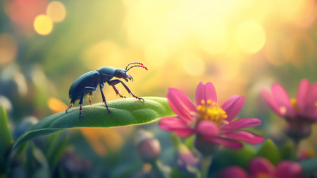 A detailed close-up of a whimsical insect perched on a lush leaf, surrounded by vibrant flowers and a dreamy bokeh background, evoking a sense of nature's beauty.の素材
