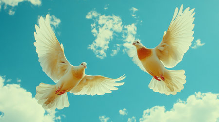 Two white doves gracefully soar through a bright blue sky, surrounded by fluffy clouds, symbolizing peace and freedom in a serene nature setting.の素材