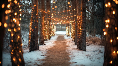 A serene winter pathway draped with glowing fairy lights, surrounded by tall trees. Snow blankets the ground, creating a magical, festive atmosphere perfect for winter celebrations.の素材
