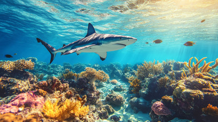 A majestic shark glides through a colorful coral reef brimming with life, showcasing the beauty of the underwater world in this serene ocean scene.の素材