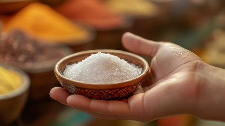 A hand holds a decorative bowl filled with white salt, surrounded by vibrant spices. This image showcases the rich textures and colors of culinary ingredients, perfect for food-related themes.の素材