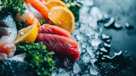 A beautifully arranged seafood display featuring colorful fish, vibrant lemon slices, and fresh greens on a bed of ice, perfect for culinary presentations.の素材