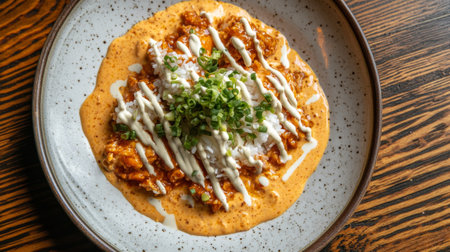 A beautifully presented creamy chicken dish garnished with fresh green onions and drizzled with sauce. Ideal for culinary enthusiasts and food lovers.の素材