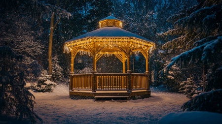 A beautifully lit wooden gazebo covered in snow, creating a magical winter scene. The surrounding nature enhances the calm and tranquil atmosphere.の素材