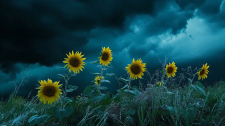 A stunning view of vibrant sunflowers standing tall against a backdrop of dark, ominous clouds. This landscape captures the contrast between bright yellow petals and a dramatic sky.の素材