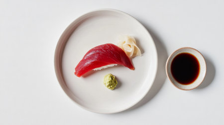 Experience the flavor of fresh tuna sashimi presented elegantly on a white plate with wasabi and soy sauce, a perfect dish for seafood lovers.の素材