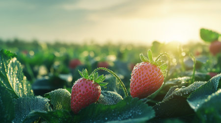 Lush green leaves cradle ripe strawberries glistening with dew under the morning sun. This vibrant scene showcases the beauty of agricultural farming and nature.の素材
