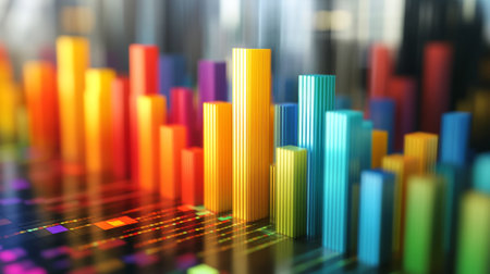 Vibrant and colorful data visualization featuring abstract bars in various heights, showcasing dynamic trends and insightful analytics for business and technology contexts.の素材