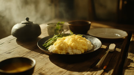 A beautifully presented plate featuring a creamy omelette served over rice, accompanied by fresh asparagus, exuding warmth and inviting flavors.の素材