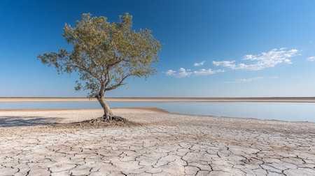 A lone tree stands resilient in a parched landscape, highlighting nature's beauty amid cracked earth and shimmering water under a clear blue sky.の素材