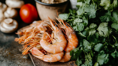 A vibrant display of fresh shrimp alongside lush herbs and vegetables on a wooden board, perfect for culinary enthusiasts and home cooks seeking inspiration in seafood dishes.の素材