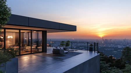 A stunning modern house with a breathtaking balcony view of the city skyline at sunset, showcasing elegant architecture and serene outdoor space.の素材