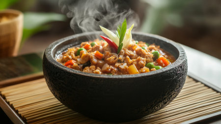 A steaming hot dish presented in a rustic stone bowl, showcasing a colorful mix of fresh vegetables and herbs. Perfect for culinary enjoyment.の素材