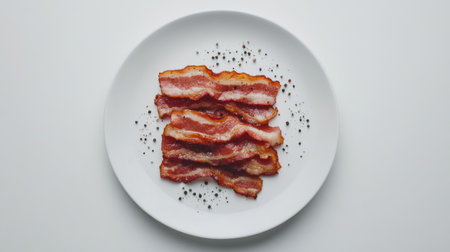 A delectable image showcasing crispy bacon strips arranged on a white plate, garnished with black pepper. Perfect for food enthusiasts and culinary presentations.の素材